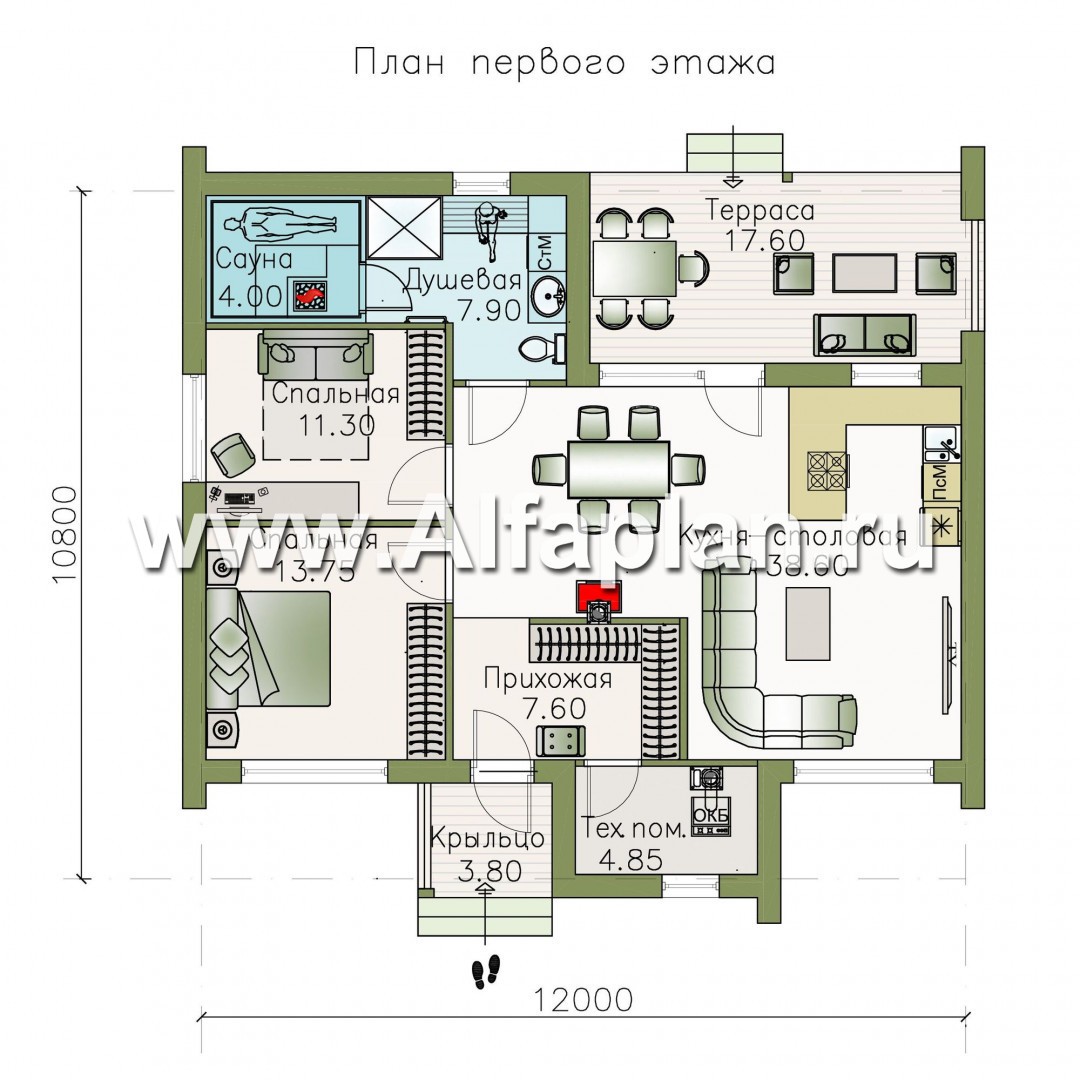 Изображение плана проекта «Альфа» - проект одноэтажного каркасного дома, с сауной и с террасой, в стиле барнхаус №1
