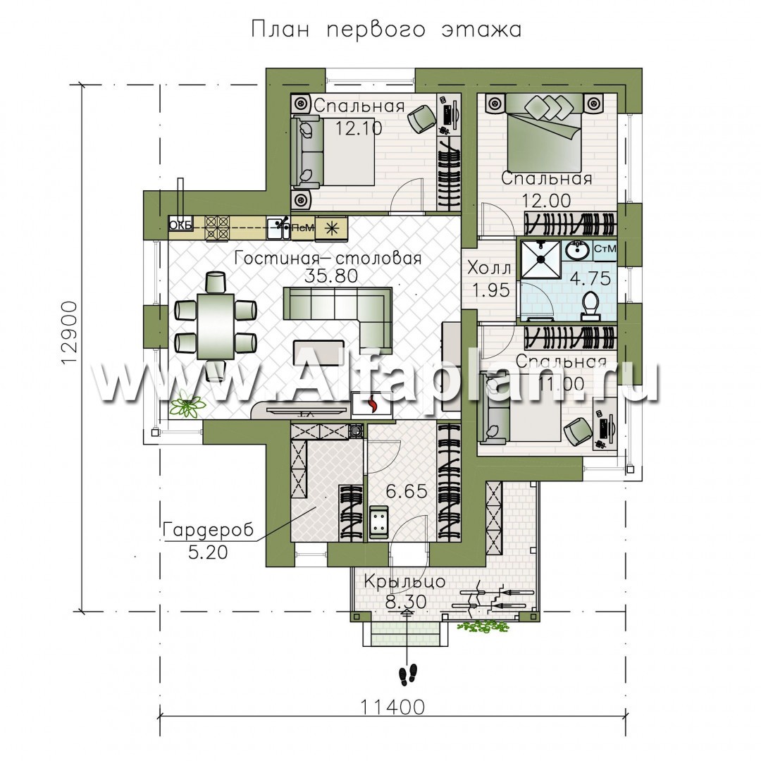 Изображение плана проекта «Медиана» - проект одноэтажного дома из кирпича, с угловыми окнами №1