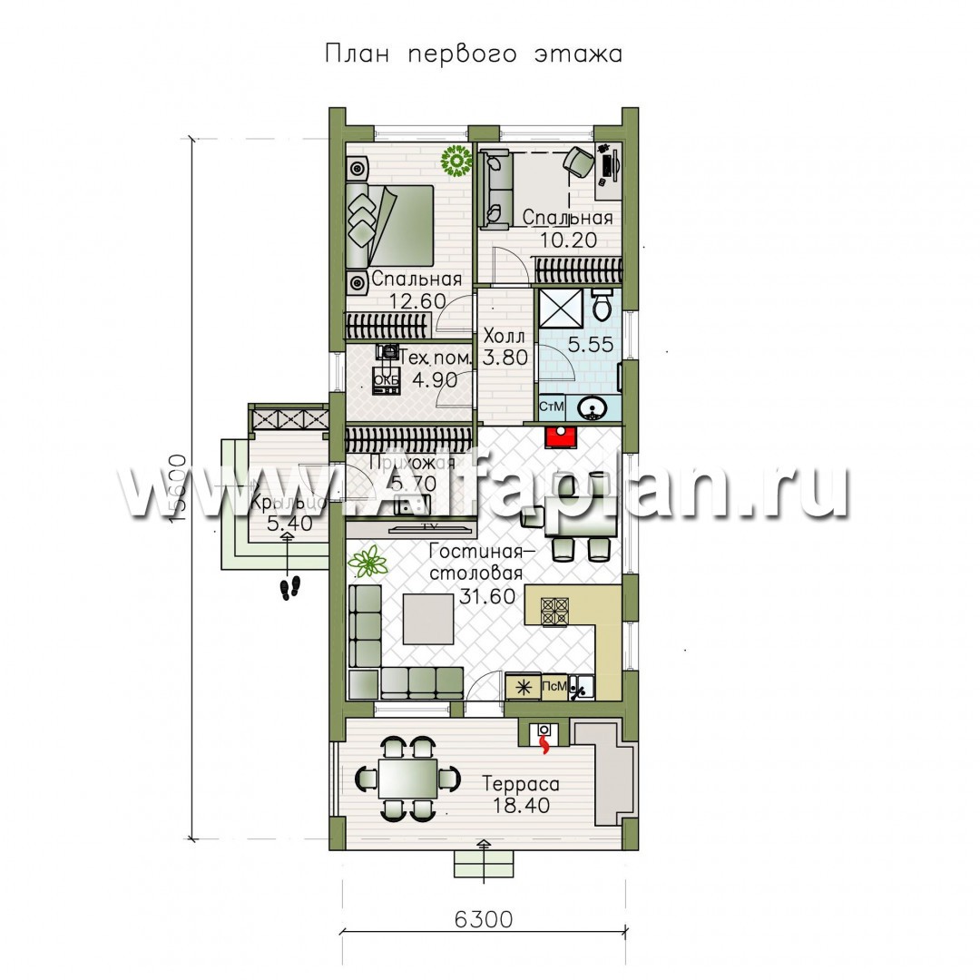 Изображение плана проекта «Тета» -  проект одноэтажного дома в стиле барнхаус, с террасой и барбекю на террасе, 2 спальни №1