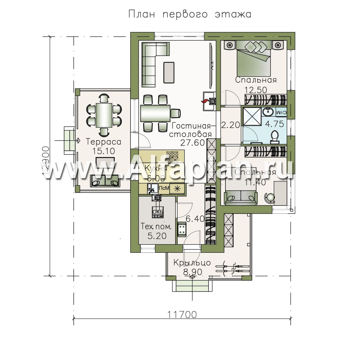 Изображение плана проекта «Аэда» - проект одноэтажного дома, 2 спальни, с остекленной верандой, в современном стиле №1