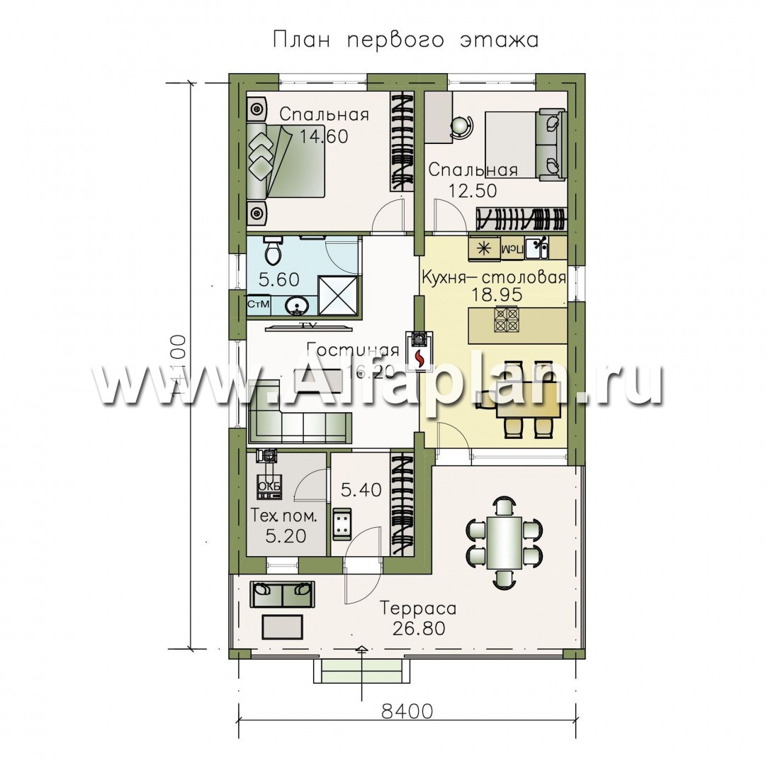 Изображение плана проекта «Родия» - проект одноэтажного дома, 2 спальни, с террасой и двускатной крышей, в современном стиле №1