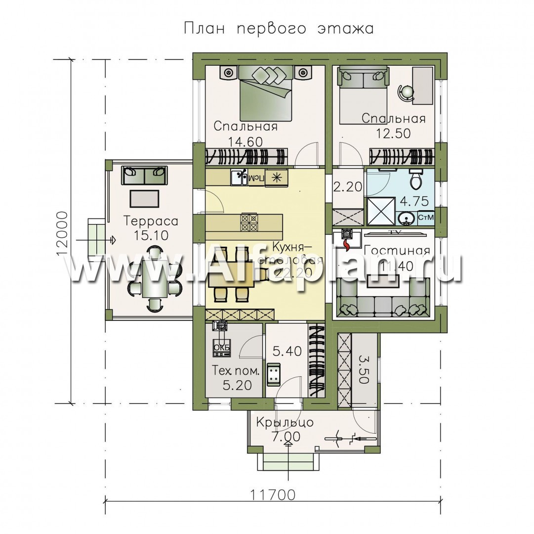 Изображение плана проекта «Мелета» - проект одноэтажного дома из газобетона, 2 спальни, с террасой, в современном стиле №1