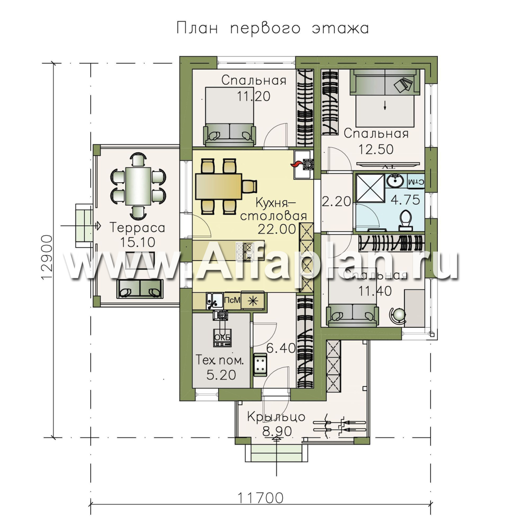 Изображение плана проекта «Аэда» - проект одноэтажного дома, 3 спальни, с остекленной верандой, в современном стиле №1