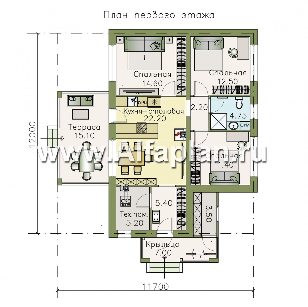 Изображение плана проекта «Мелета» - проект одноэтажного дома из газобетона, 3 спальни, с террасой, в современном стиле №1
