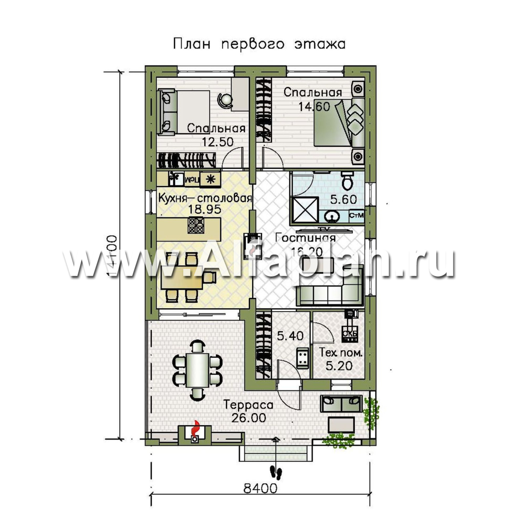 Изображение плана проекта «Родия» - проект одноэтажного дома, 2 спальни, с террасой и двускатной крышей, в скандинавском стиле №1