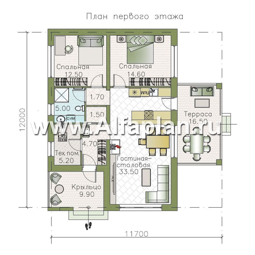 Изображение плана проекта «Корица» - проект одноэтажного дома, с террасой, 2 спальни, с односкатной крышей №1