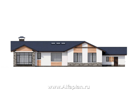 «Альтернатива» - проект современного одноэтажного дома, мастер спальня, с сауной и с террасой - превью фасада дома