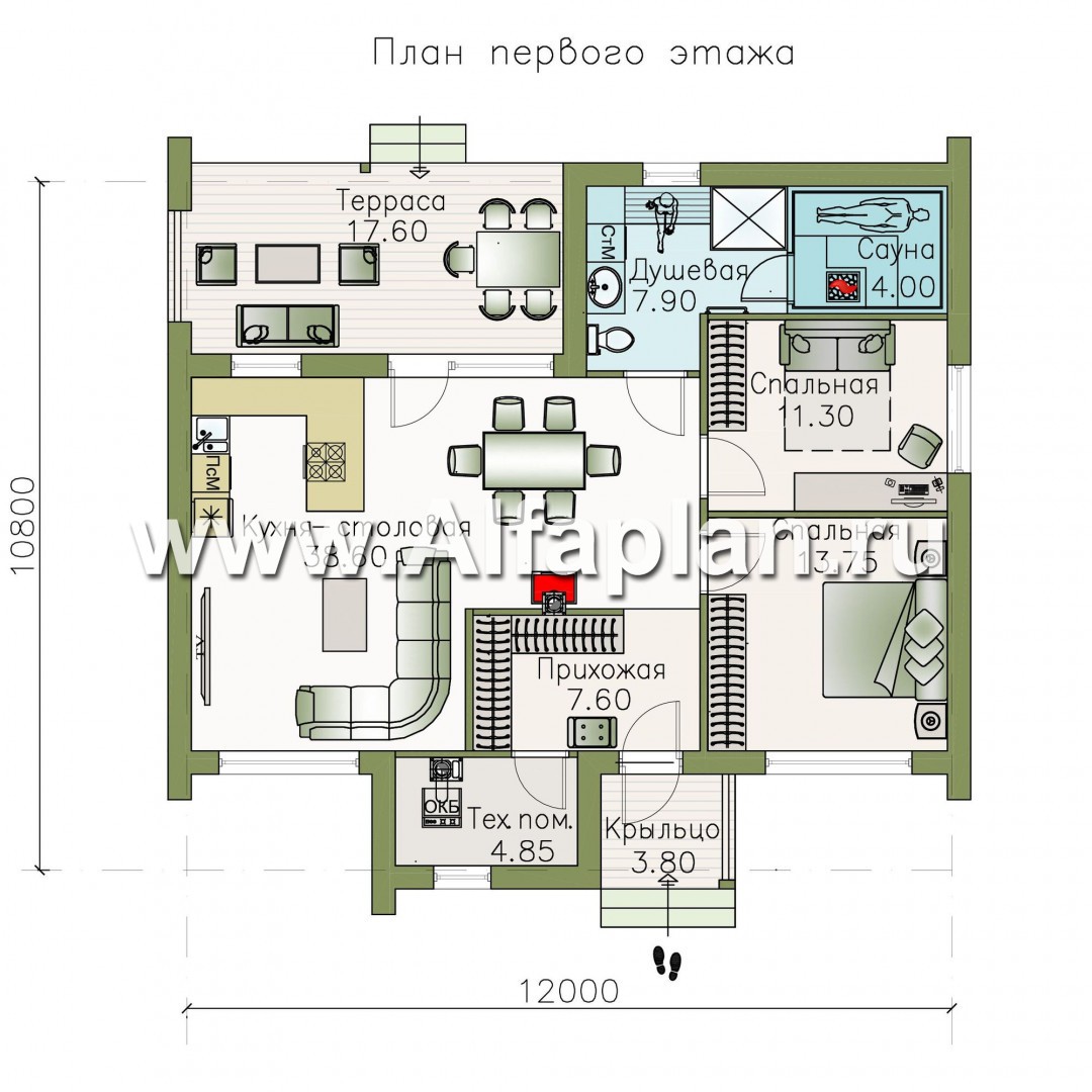 Изображение плана проекта «Альфа» - проект одноэтажного каркасного дома, с сауной и с террасой, в стиле барнхаус №1