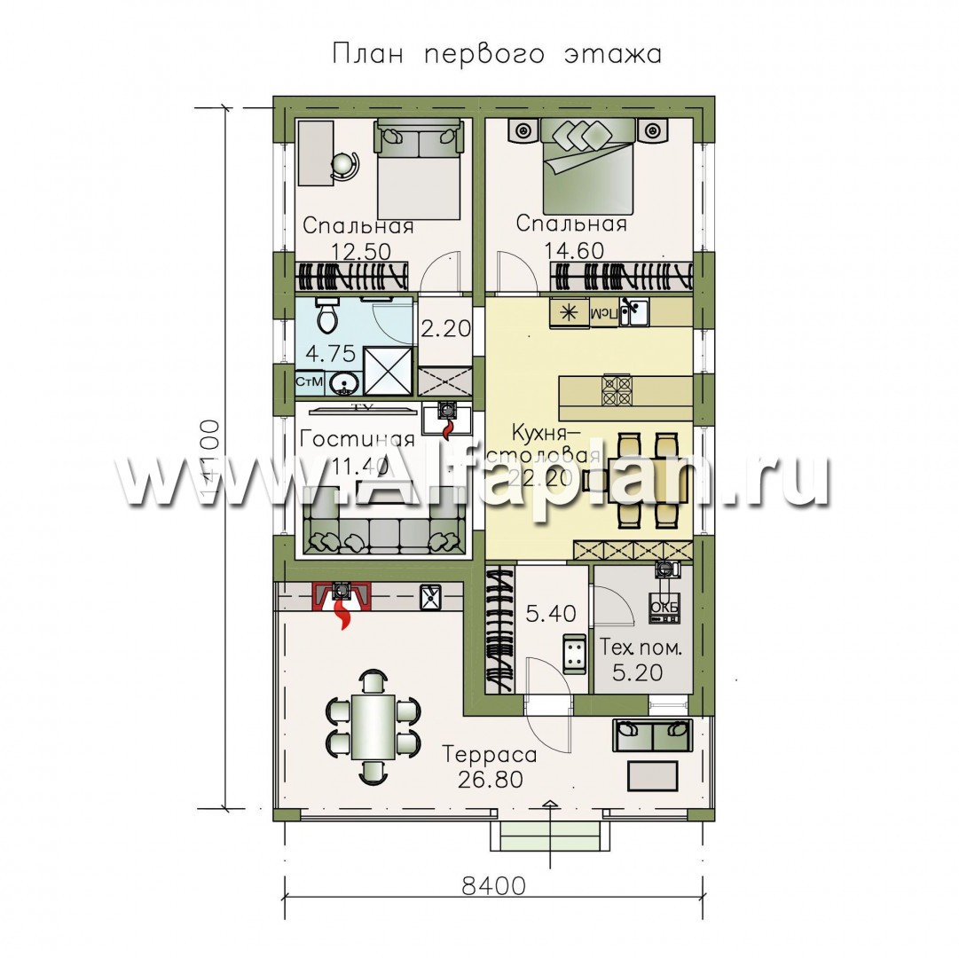 Изображение плана проекта «Мелета» - проект одноэтажного дома из газобетона, 3 спальни, с террасой, в современном стиле №1