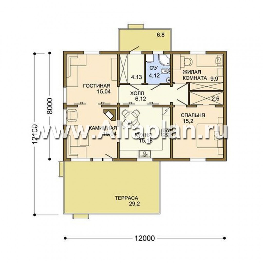 Изображение плана проекта Проект одноэтажного каркасного дома, 2 спальни, с террасой, дача, коттедж для семейного отдыха №1