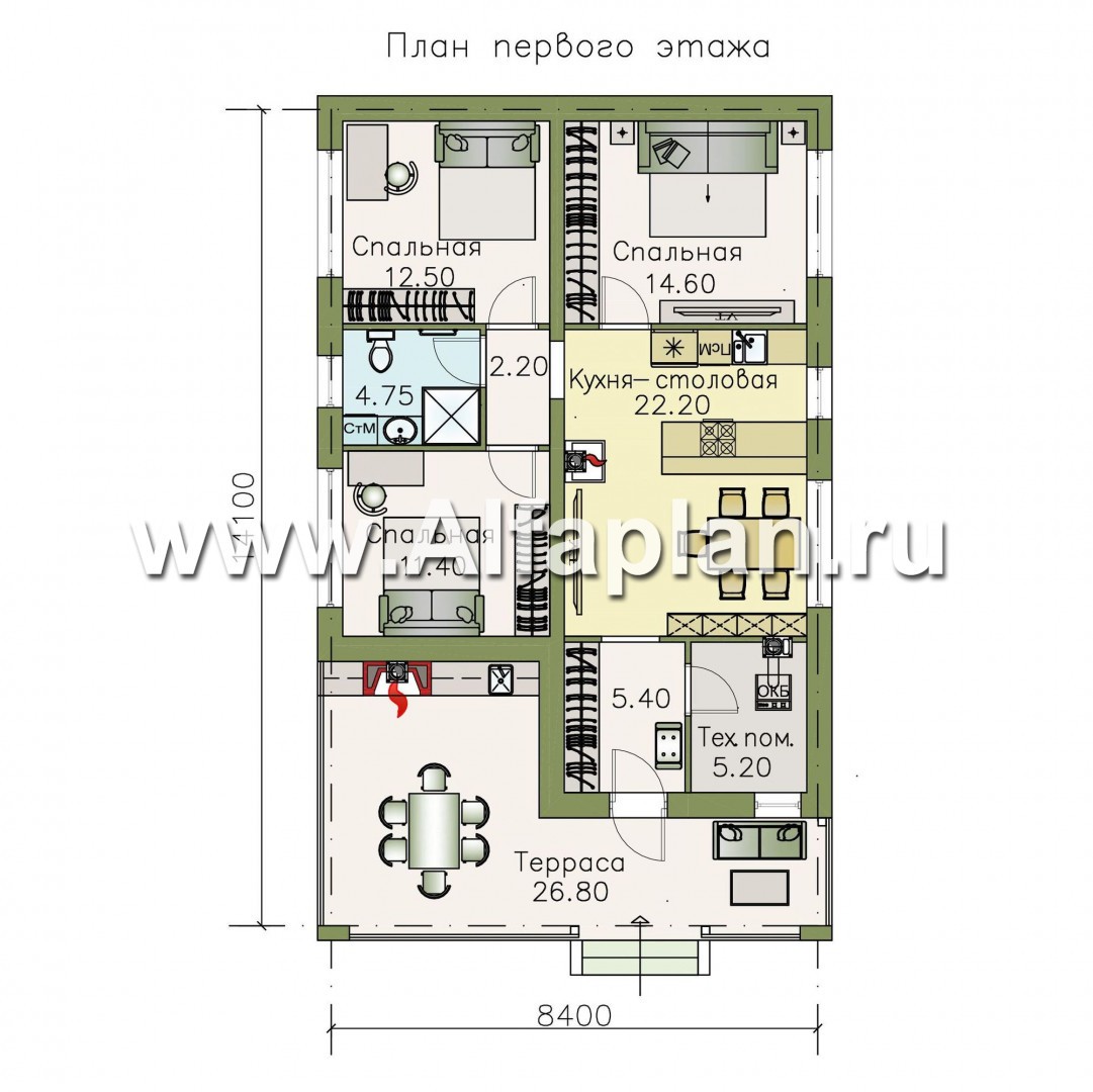 Изображение плана проекта «Мелета» - проект одноэтажного дома из газобетона, 3 спальни, с террасой на входе, в современном стиле №1