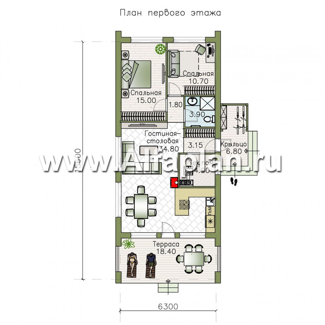 Изображение плана проекта «Тета» -  проект одноэтажного дома в стиле барнхаус, с террасой, 2 спальни №1