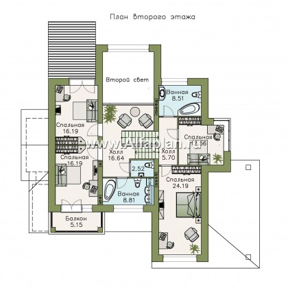 «Современник» - проект двухэтажного дома, с гаражом, с сауной, вторым светом гостиной, с биллиардной в цокольным этажом - превью план дома