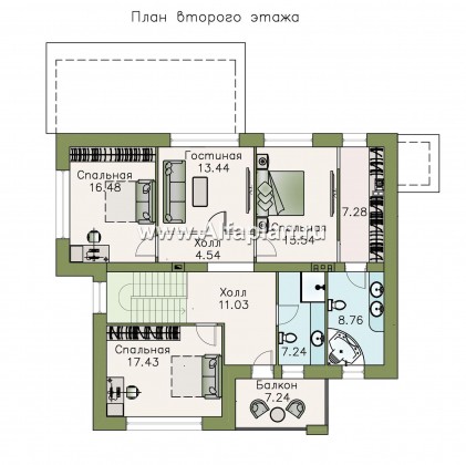 «Мотив» - проект двухэтажного дома, масетр спальня, с террасой, в стиле Райта - превью план дома