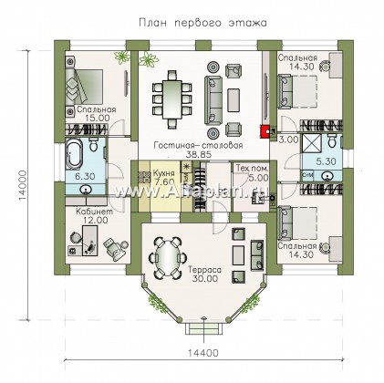 «Леда» - проект одноэтажного дома, 4 спальни, с террасой как беседка, отличная планировка - превью план дома