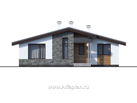 Проекты домов Альфаплан - «Калисто» - одноэтажный коттедж с островным камином в гостиной - превью фасада №1