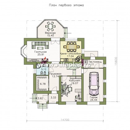 «Белоостров» - красивый проект двухэтажного дома, планировка с кабинетом на 1 эт, терраса, гараж на 1 авто - превью план дома