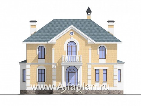 «Петровское барокко» - проект двухэтажного дома, лестница в центре гостиной, с эркером и с террасой - превью фасада дома