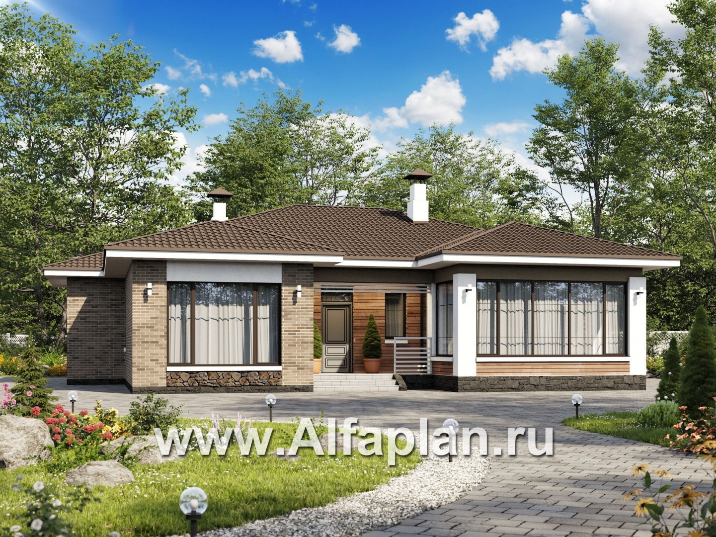 «Аонида» - проект одноэтажного дома, с остекленной верандой, в современном стиле - основное изображение