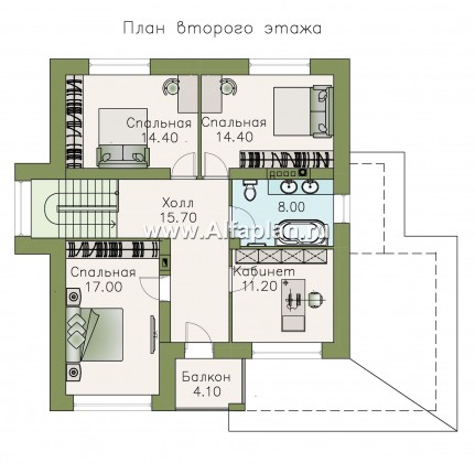 «Роман с камнем» — проект двухэтажного дома из газобетона, планировка дома с террасой при входе - превью план дома