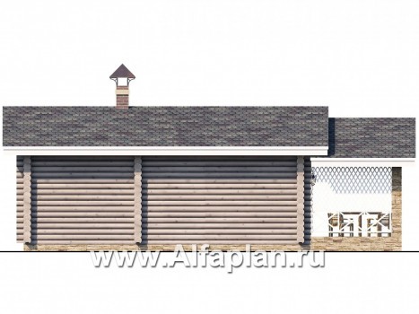 Проект бани, из дерева, из бревен, с террасой, вдоль границы участка - превью фасада дома