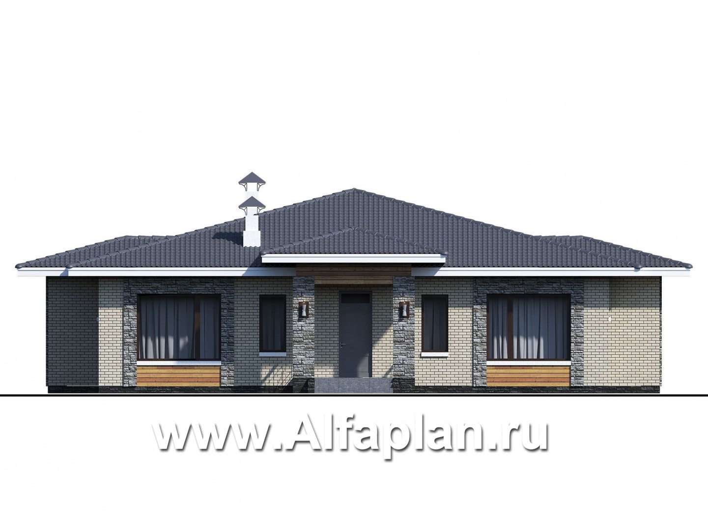 Проекты домов Альфаплан - «Аккорд» - просторный одноэтажный дом с симметричными фасадами - изображение фасада №1