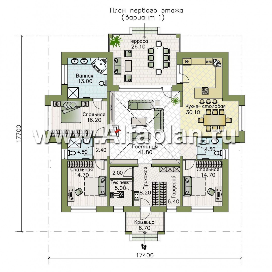 Проекты домов Альфаплан - «Аккорд» - просторный одноэтажный дом с симметричными фасадами - план проекта №1