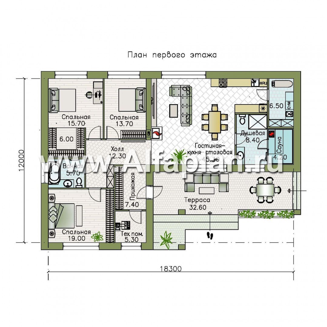 Проекты домов Альфаплан - «Алазея» - просторный одноэтажный дом с сауной и террасой - изображение плана проекта №1