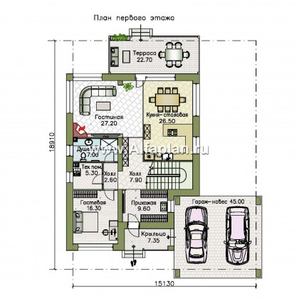 «Золотой ключик» — проект двухэтажного дома из кирпича, современный стиль, все спальни с душевой, с навесом на 2 авто - превью план дома