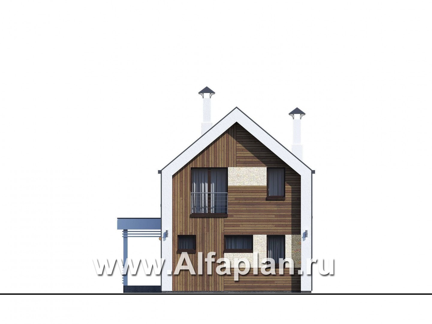 Проекты домов Альфаплан - «Барн» - современный мансардный дом с боковой террасой и балконом - изображение фасада №1