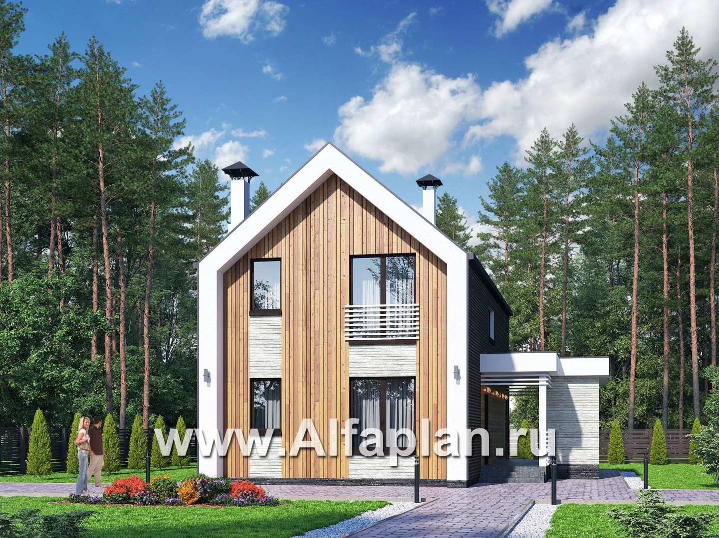 Проекты домов Альфаплан - «Барн» - современный мансардный дом с боковой террасой - основное изображение