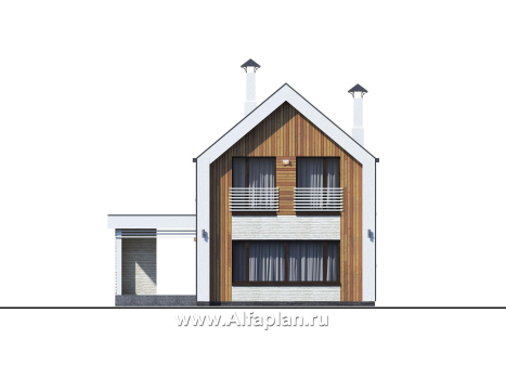 Проекты домов Альфаплан - «Барн» - современный мансардный дом с боковой террасой - превью фасада №3