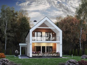 Проекты домов Альфаплан - «Барн» - современный мансардный дом с боковой террасой и балконом - превью основного изображения