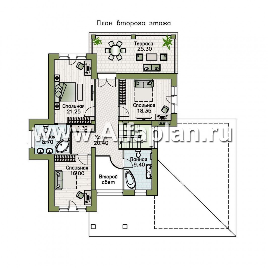 «Монтекки» - проект двухэтажного дома, с террасой и гаражом на 2 авто, второй свет в холле - план дома