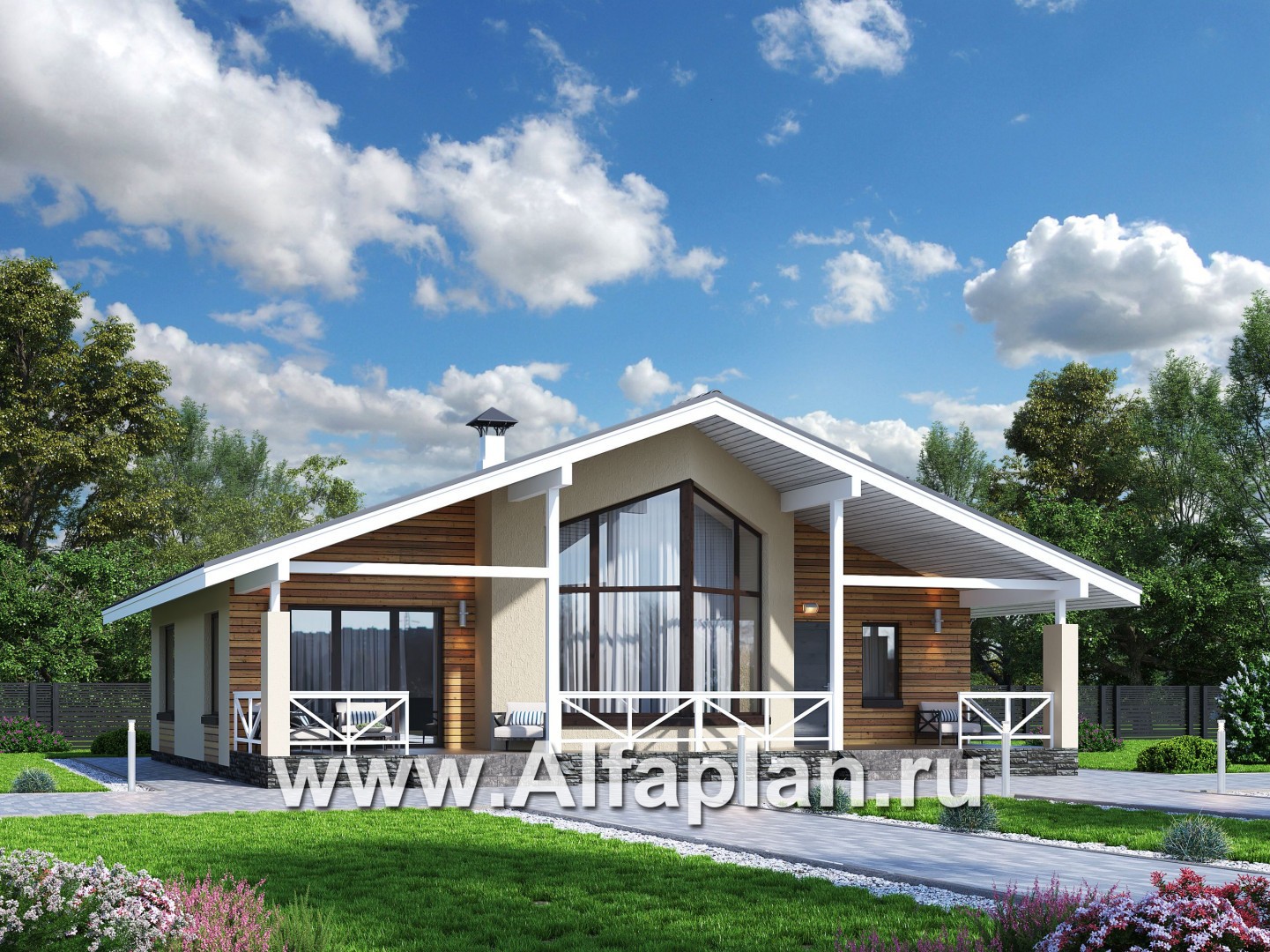 Проекты домов Альфаплан - «Вектор» - проект стильного одноэтажного дома с удобной планировкой - основное изображение