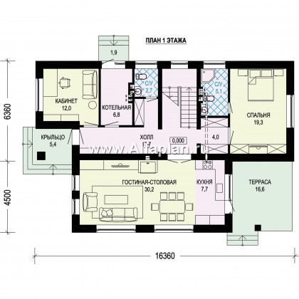 Проект современного загородного дома, планировка с высокой гостиной, две спальни на 1 эт - превью план дома