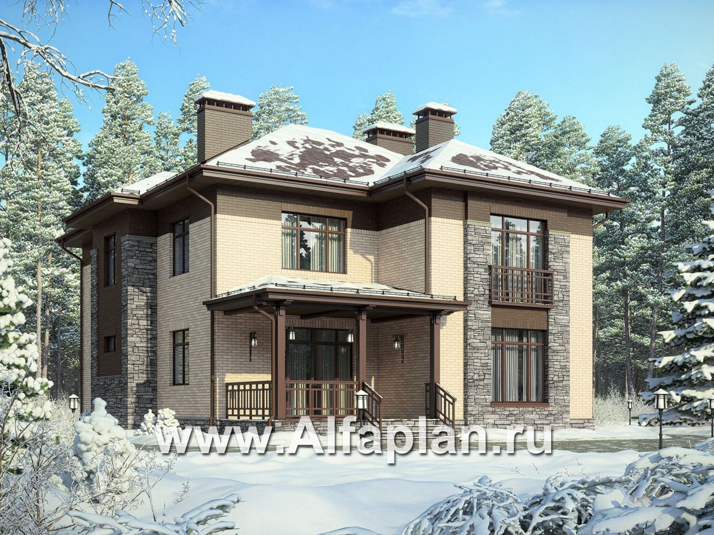 Проект двухэтажного дома, с террасой, планировка 4 спальни, в современном стиле - основное изображение