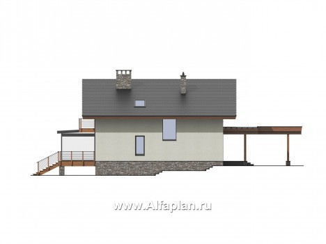 Проект дома с мансардой, планировка со вторым светом гостиной и с террасой, навес на 2 авто - превью фасада дома