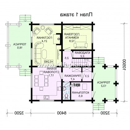 Проект двухэтажного дома из бруса, планировка с кабинетом и с двумя террасами, в современном стиле - превью план дома