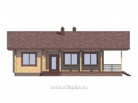 Проект одноэтажного дома из бруса, дача с большой угловой террасой, 2 спальни, с двускатной крышей - превью фасада дома