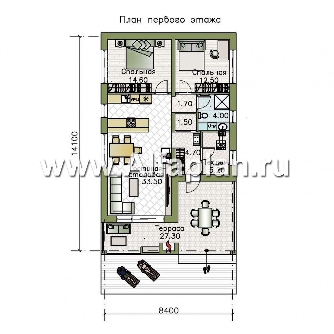 Изображение плана проекта «Мелета» - проект одноэтажного дома из газобетона, 2 спальни, с террасой, в скандинавском стиле №1