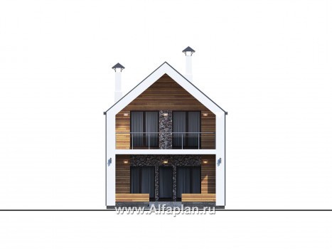 Проекты домов Альфаплан - «Барн» — современный мансардный дом с террасой и балконом - превью фасада №3