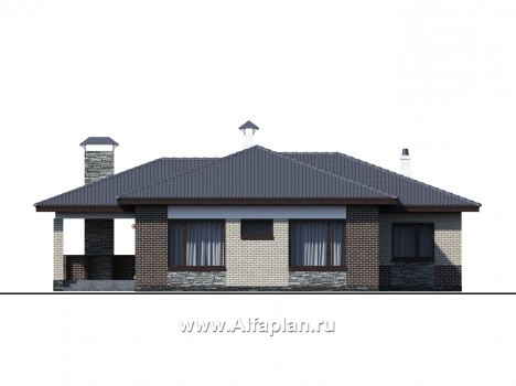 «Юкон» - проект одноэтажного дома из газобетона, планировка дома с террасой и сауной - превью фасада дома