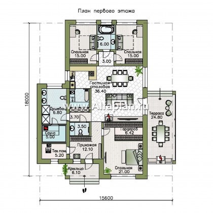 «Юкон» - проект одноэтажного дома из газобетона, планировка дома с террасой и сауной - превью план дома