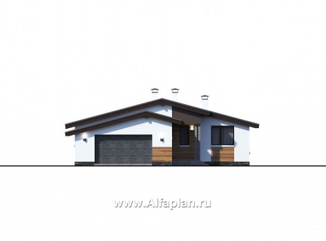 Проекты домов Альфаплан - «Калисто» - одноэтажный коттедж с гаражом на два автомобиля - превью фасада №1