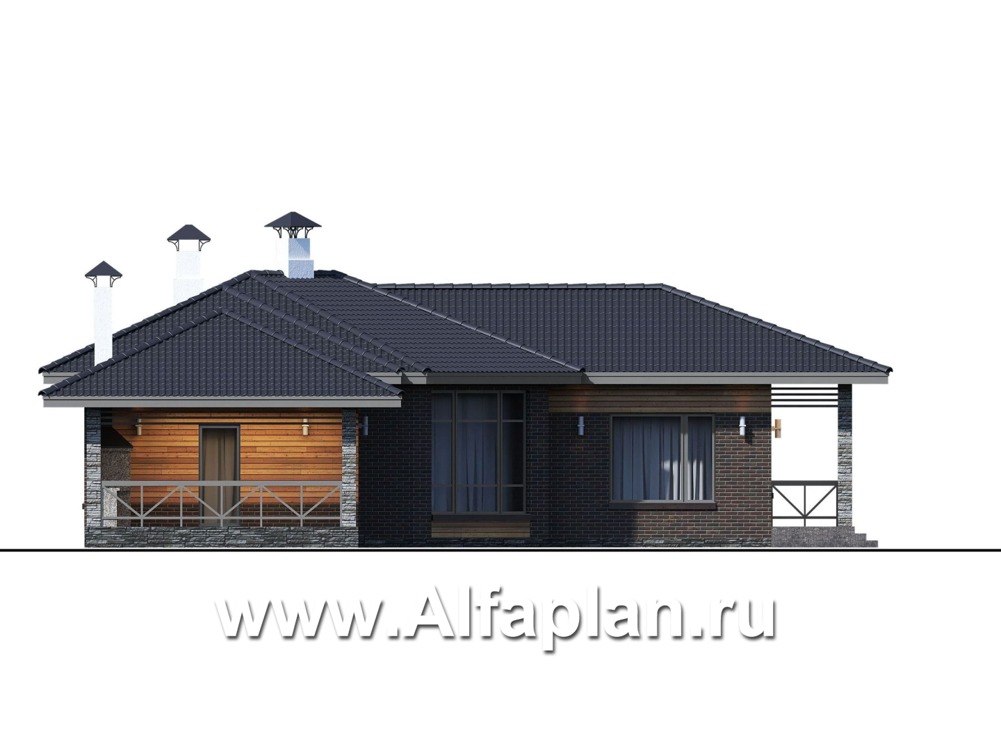 «Квазар» - проект одноэтажного дома, с оригинальным планом,  с террасой - фасад дома