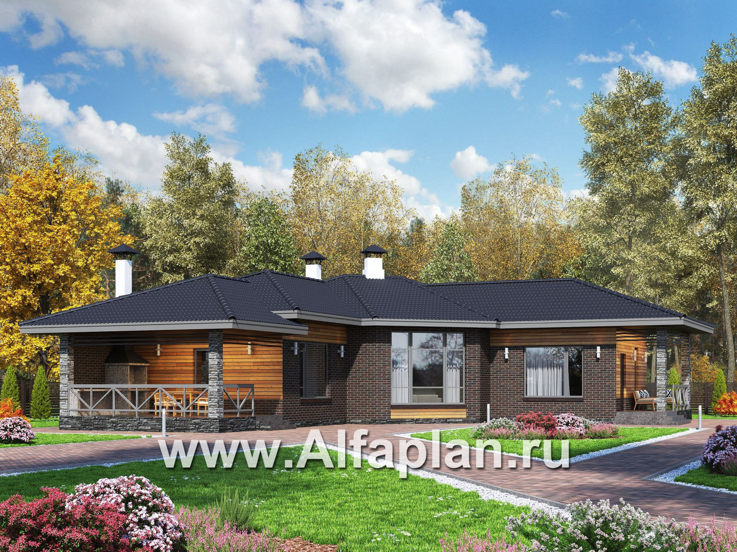 «Квазар» - проект одноэтажного дома, с оригинальным планом,  с террасой - основное изображение