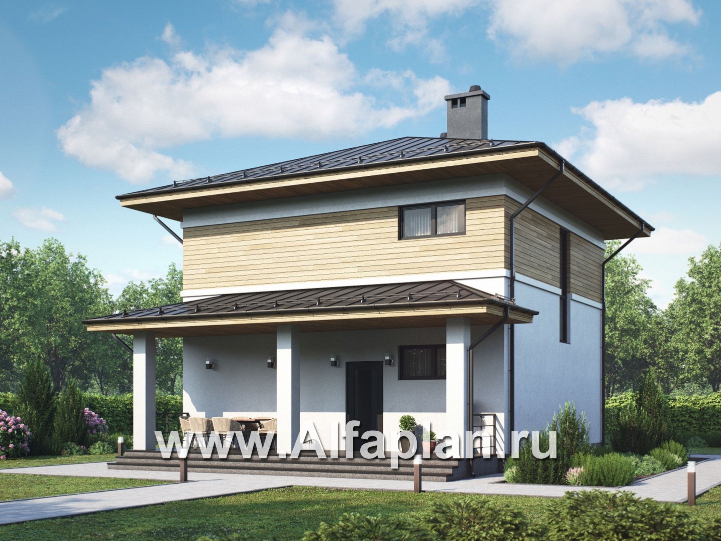 Проект двухэтажного дома из газобетона, планировка с кабинетом на 1 эт и с террасой, в современном стиле - дизайн дома №1