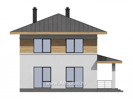 Проект двухэтажного дома из газобетона, планировка с кабинетом на 1 эт и с террасой, в современном стиле - превью фасада дома