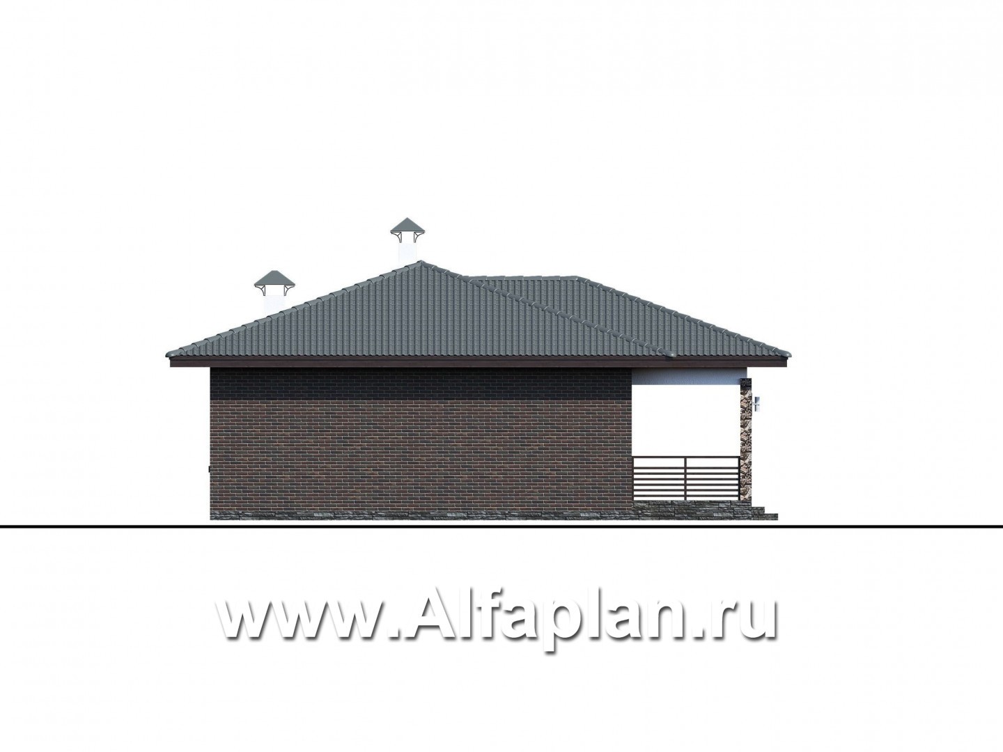 Проекты домов Альфаплан - Проект компактного одноэтажного дома с тремя спальнями - изображение фасада №2